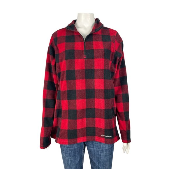 Eddie Bauer 1/4 Zip Buffalo Plaid Fleece Pullover Womens Large Red Top Shirt - Picture 1 of 7